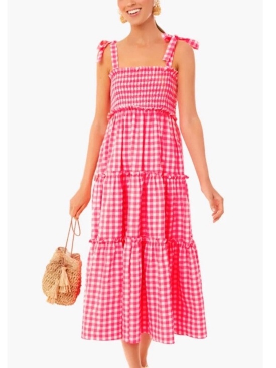 Pomander Place Dresses & Skirts - Tuckernuck Pomander Small Neon Pink Gingham Tiered Smocked Nellie Midi Dress